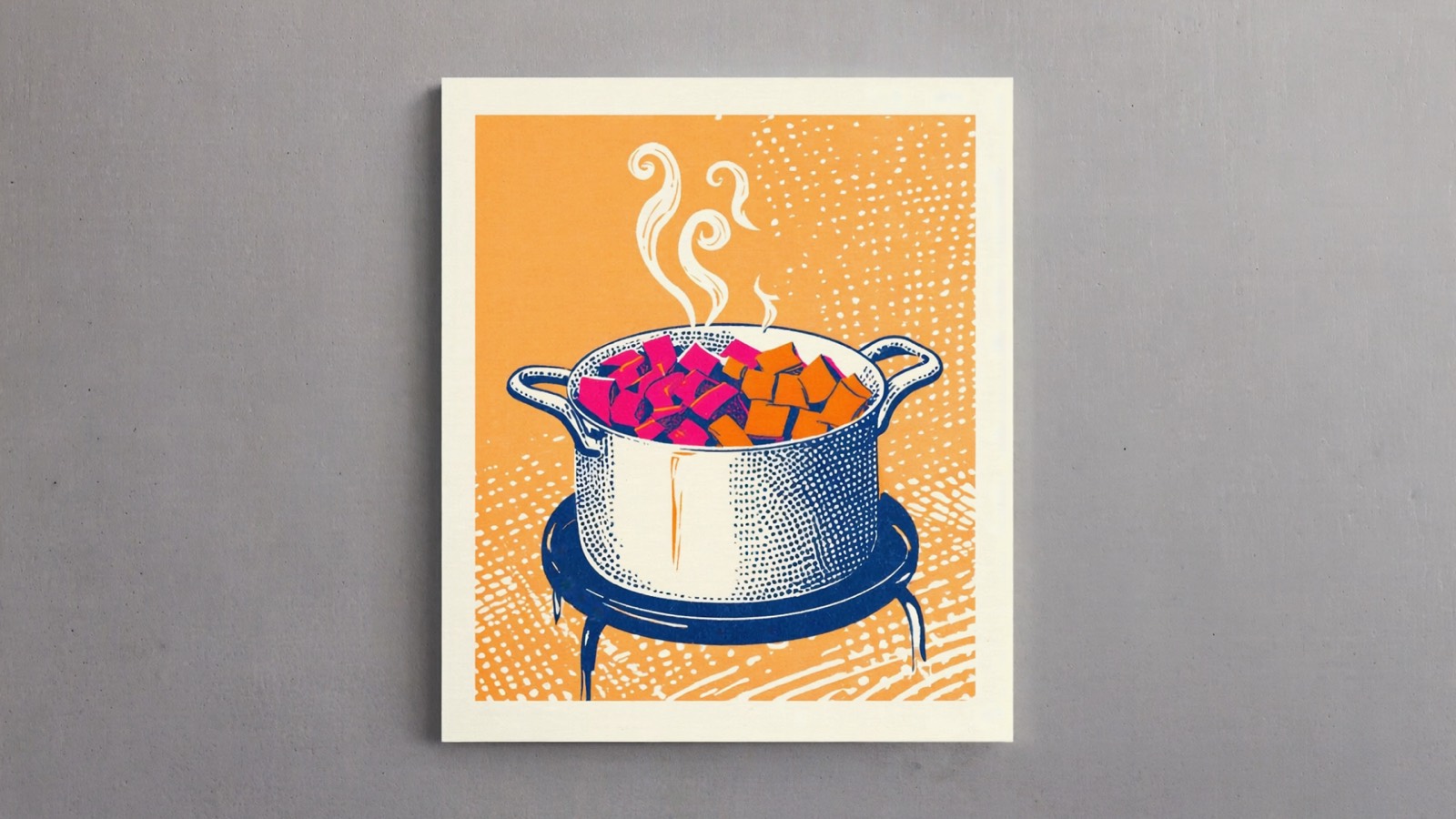 Risograph-Illustration in Pink und Orange: ein großzügiger Kochtopf von oben, randvoll mit buntem Gemüse, Dampf steigt auf.
