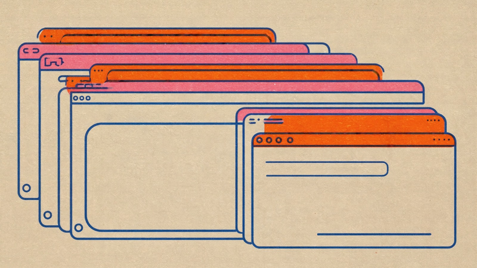 Risograph-Illustration in Pink und Orange: ordentlich gestapelte, abgerundete Rechtecke wie aufgeräumte Browserfenster in ruhigen Reihen.