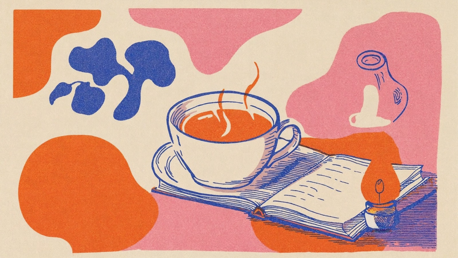 Risograph-Illustration in Pink und Orange: ein aufgeschlagenes Buch neben einer dampfenden Tasse Tee und einer kleinen Lampe.