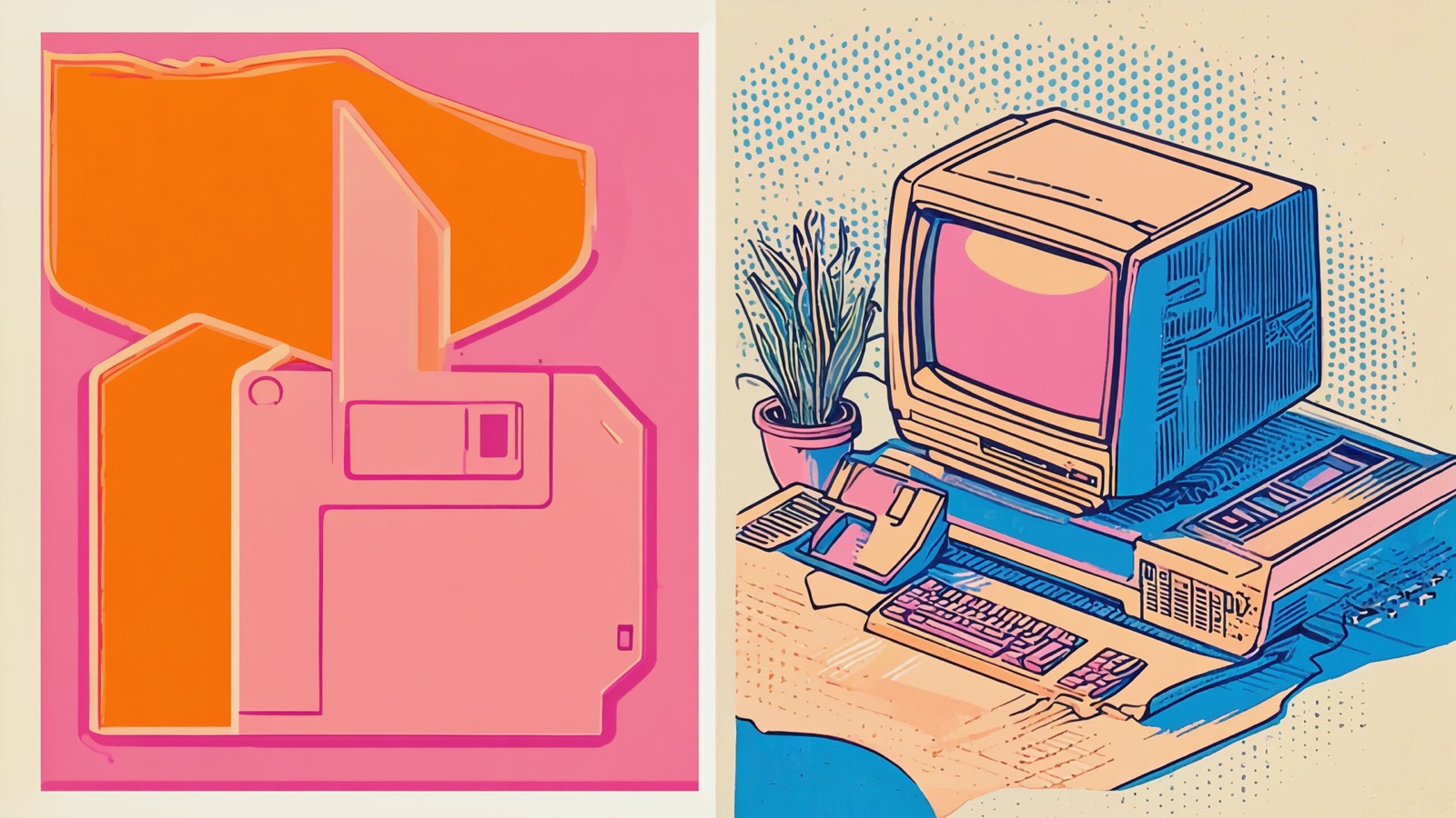Risograph-Illustration in Pink und Orange: ein klobiger Retro-Computer, eine Diskette und eine kleine Topfpflanze auf einem Schreibtisch.